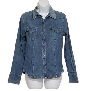 Vintage Gap Stretch Pearl Snap Denim Women’s Long Sleeve Jean Shirt Small Faded